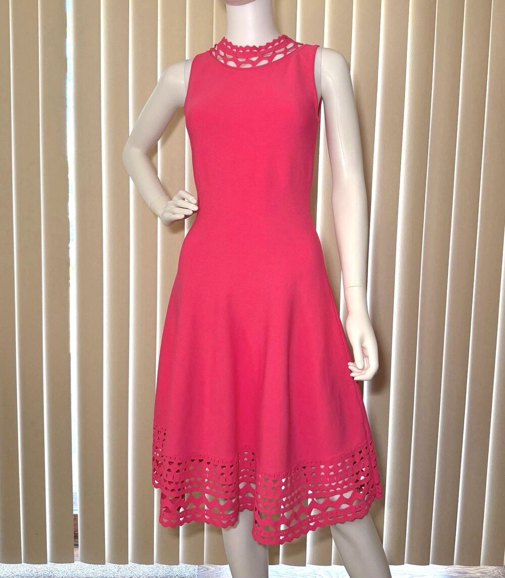 Milly Women’s Small Pink Knit Fit & Flare Dress Cutout Crochet Trim Sleeveless